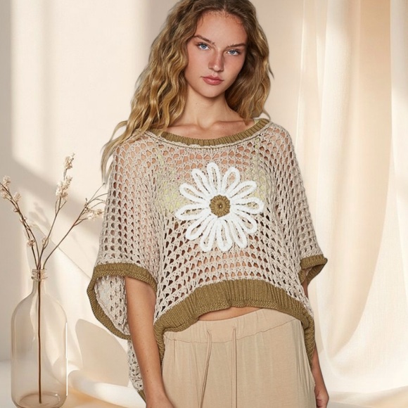POL Tops - POL Open Knit Crochet Top with Daisy Flower | Beige Olive Boho Style